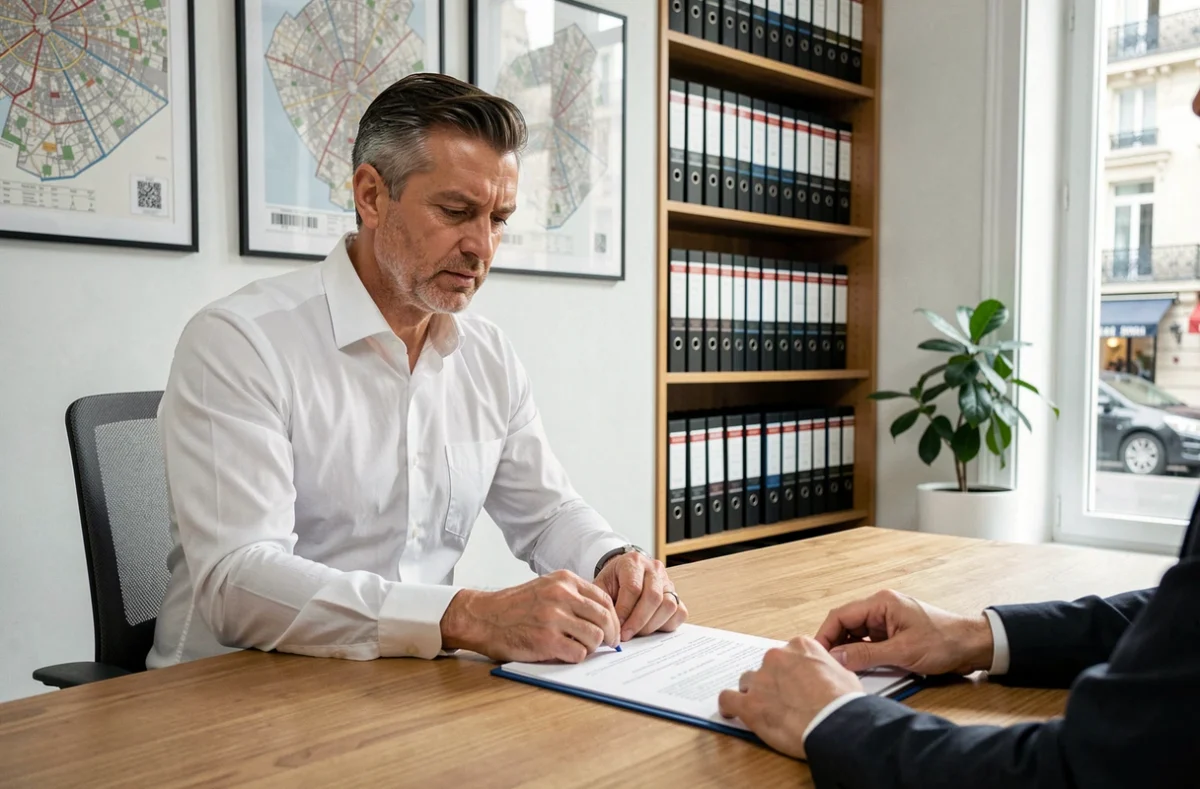 Agent immobilier parisien en réunion avec un client dans un bureau, analyse de documents et opportunités du marché immobilier à Paris