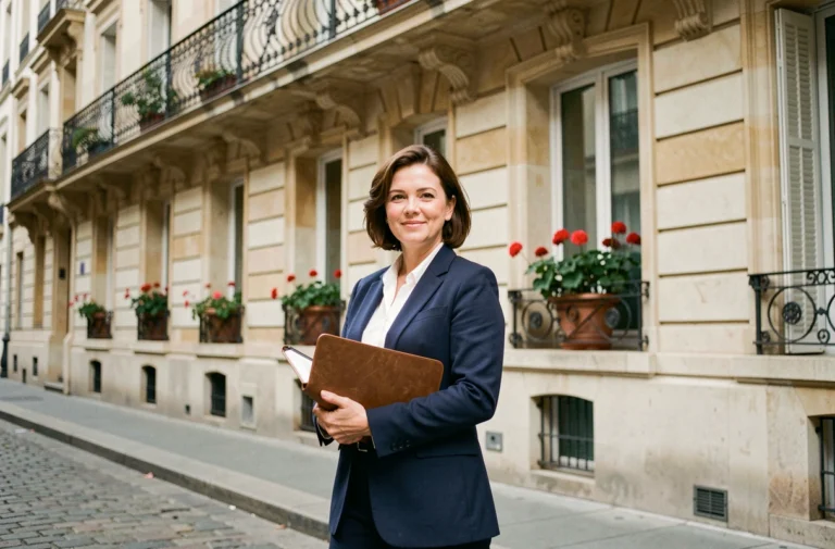 Agente immobilière devant un immeuble haussmannien parisien tenant un portfolio, illustration des tendances immobilières à Paris