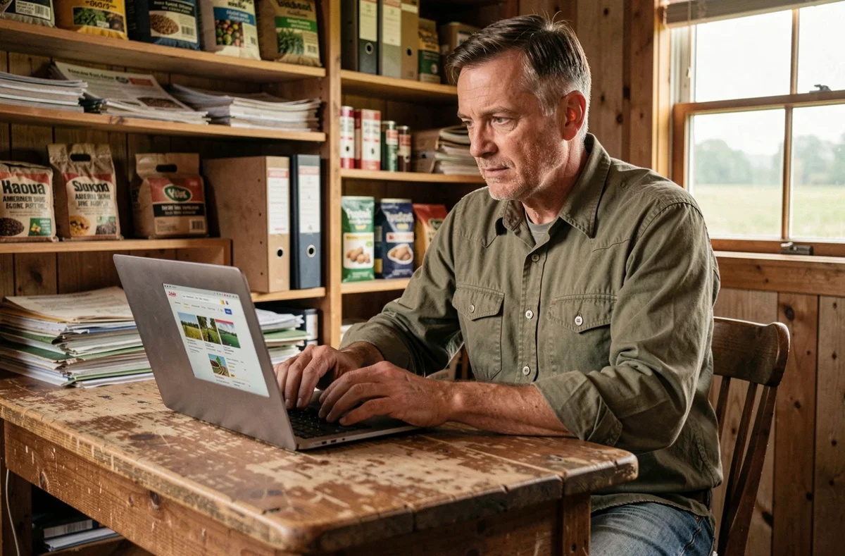 Agriculteur consultant un site d'achats agricoles en ligne sur son ordinateur portable dans un bureau de ferme rustique