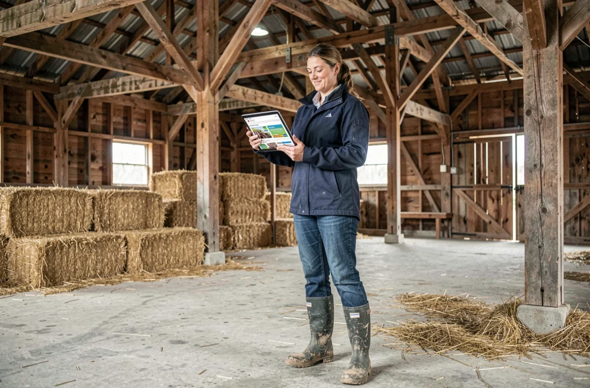 Agronome comparant des produits agricoles en ligne sur une tablette à l'intérieur d'une grange