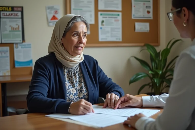 Femme sans papiers accompagnée par une assistante sociale pour une demande d'aide au logement dans un bureau associatif