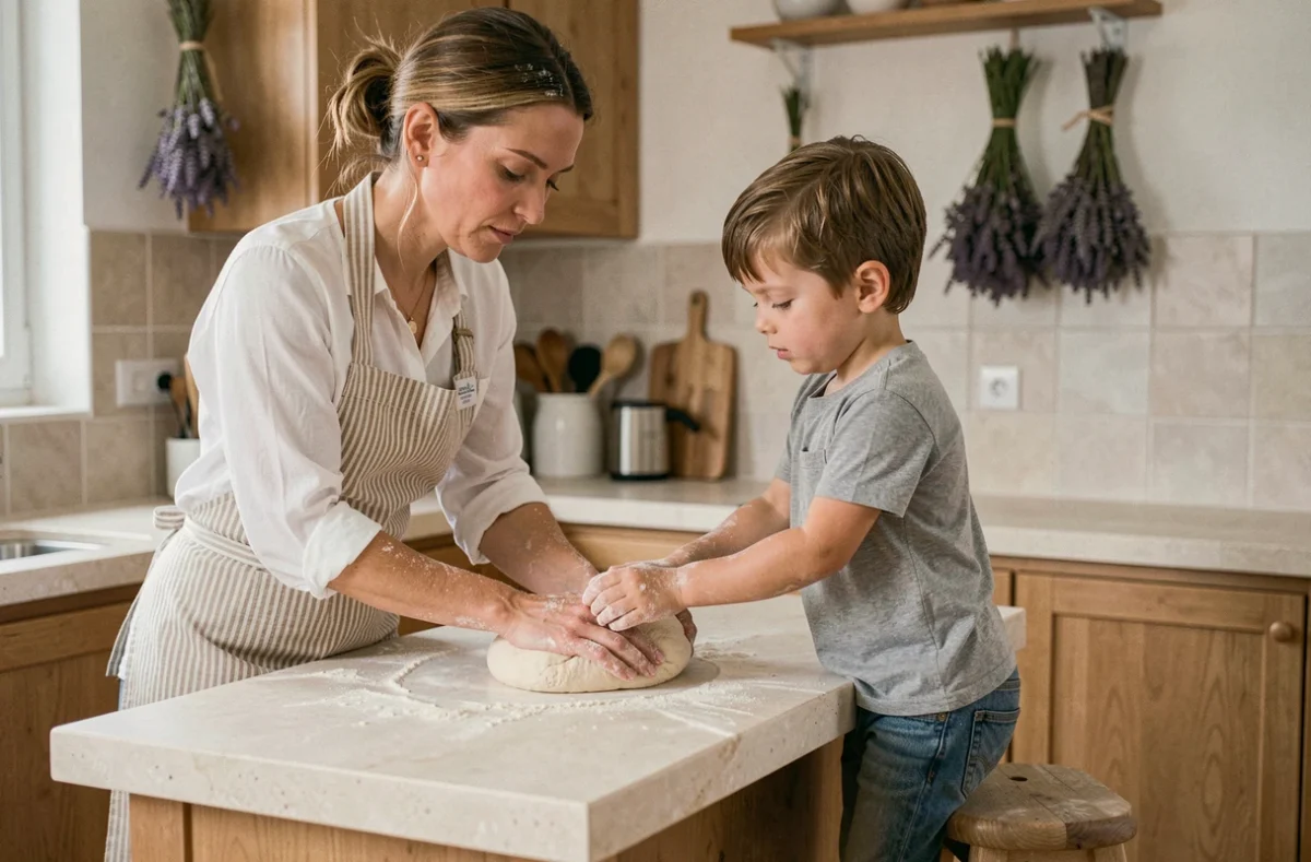 Baby-sitter préparant une activité cuisine avec un enfant dans une maison provençale