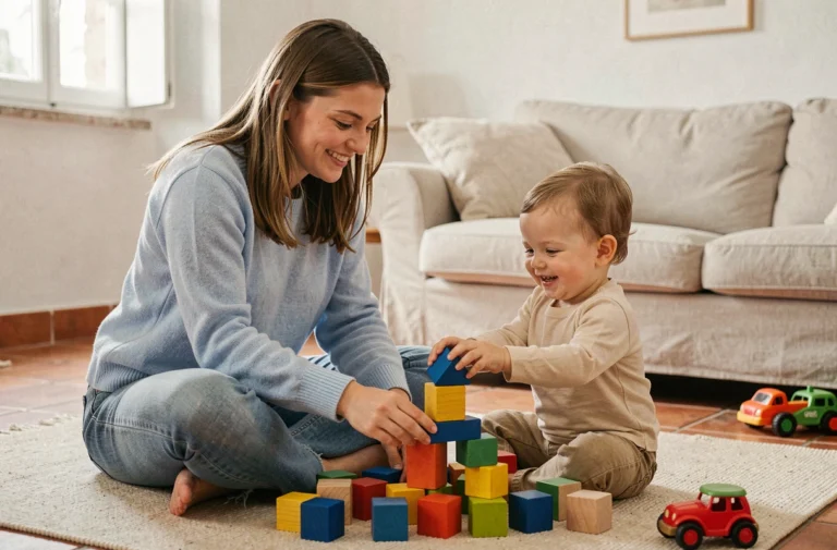 Jeune baby-sitter jouant avec un enfant en bas âge dans un appartement provençal à Aix-en-Provence