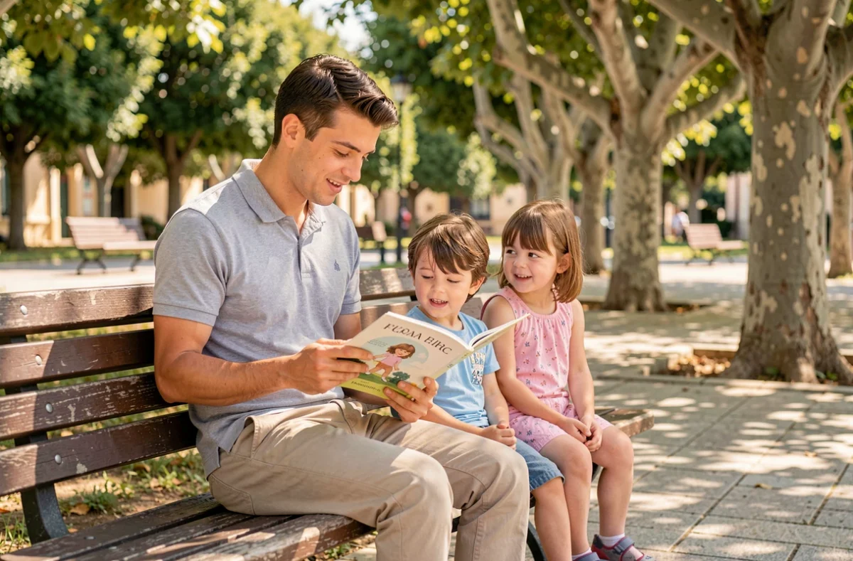 Baby-sitter masculin lisant un livre illustré à deux enfants dans un parc de Marseille
