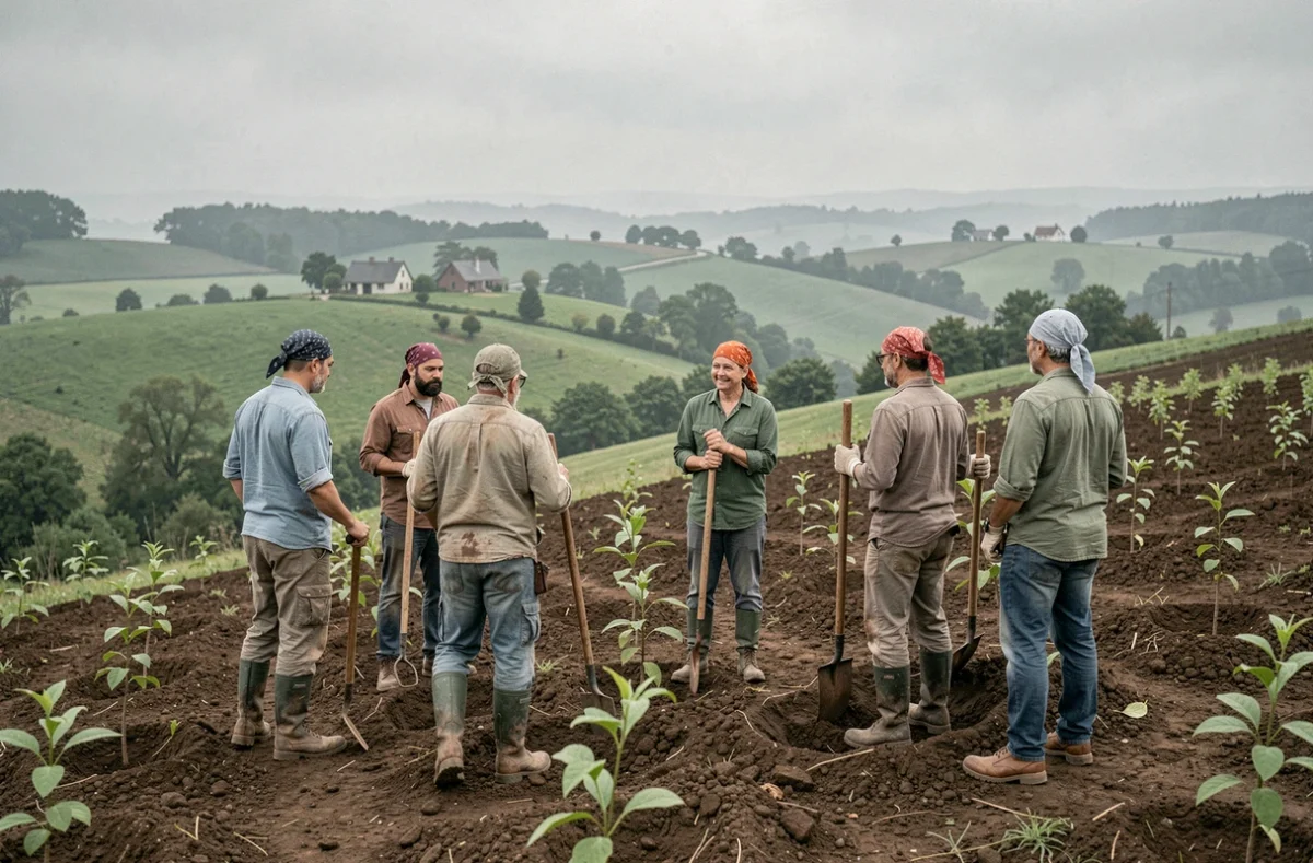 Groupe de bénévoles participant à une activité de reforestation lors d'un voyage solidaire et écoresponsable