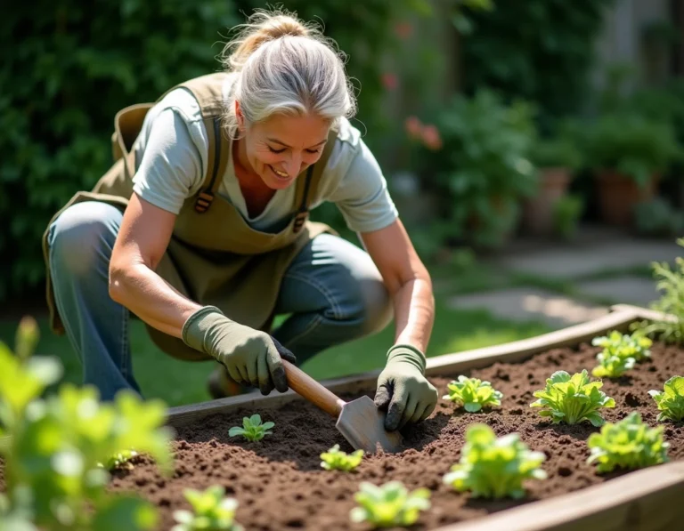 Femme qui bine entre les rangs de légumes dans un potager avec une binette traditionnelle
