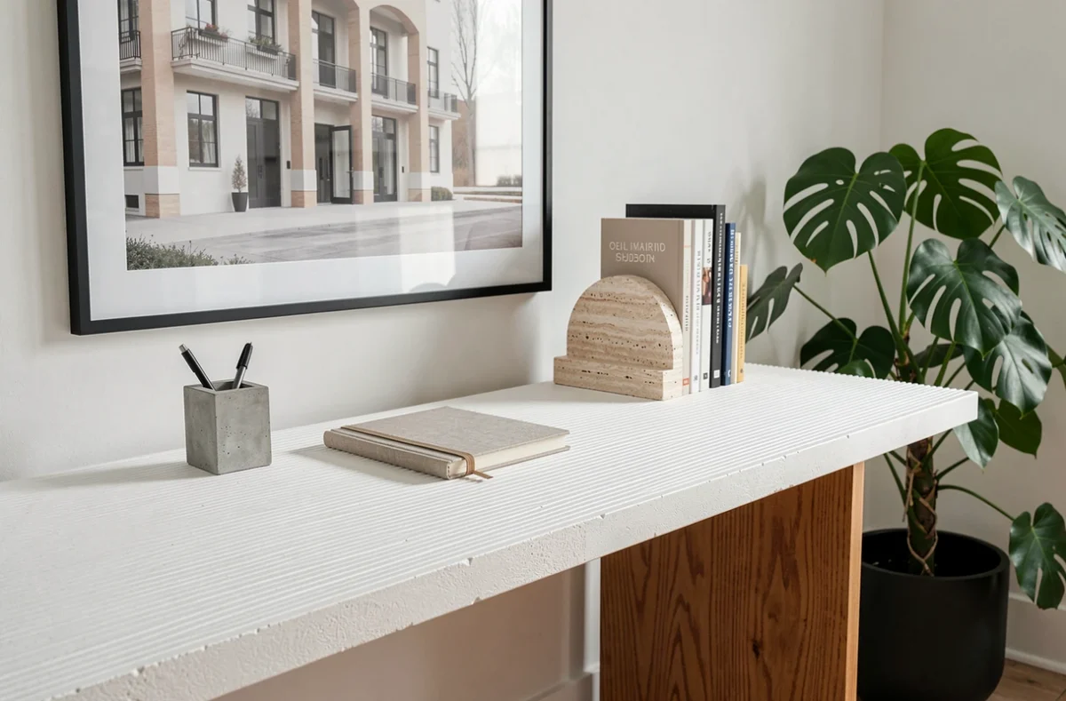 Bureau à domicile élégant avec bureau en plâtre cannelé, bois de chêne, plante Monstera et accessoires en travertin selon les tendances déco 2024