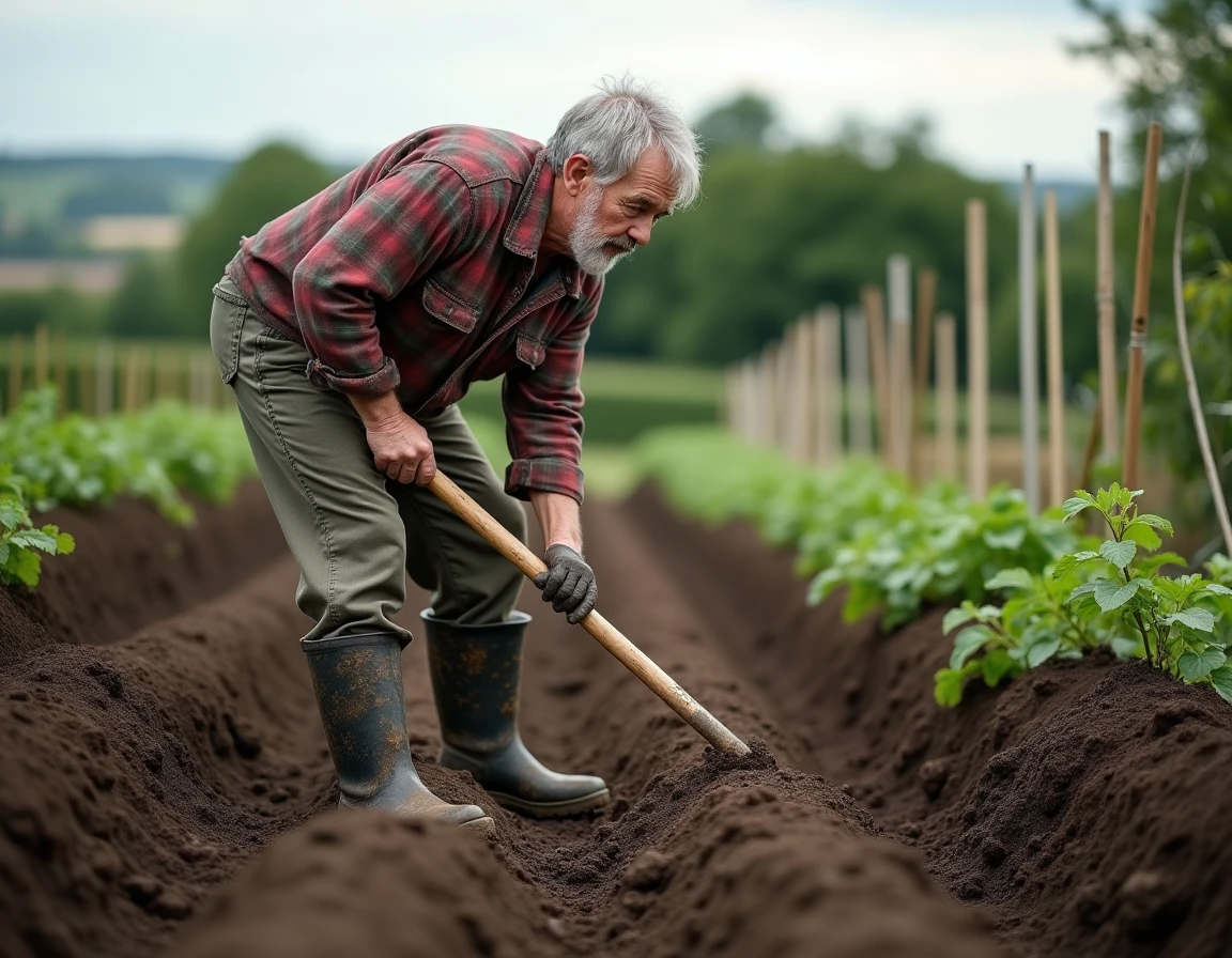 Homme qui butte des pommes de terre avec une buttoir dans un potager en pleine terre