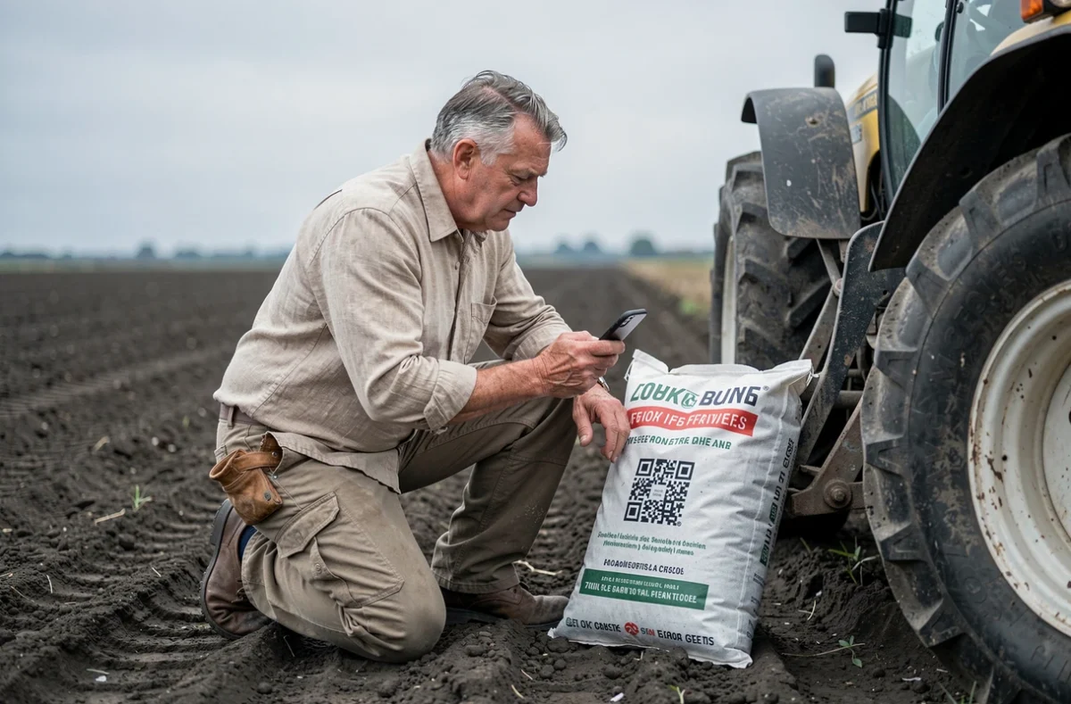 Chef d'exploitation agricole scannant un code QR sur un sac d'engrais avec son smartphone dans un champ labouré