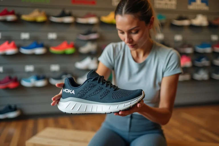 Femme examinant une chaussure Hoka en magasin pour choisir entre largeur large et régulière
