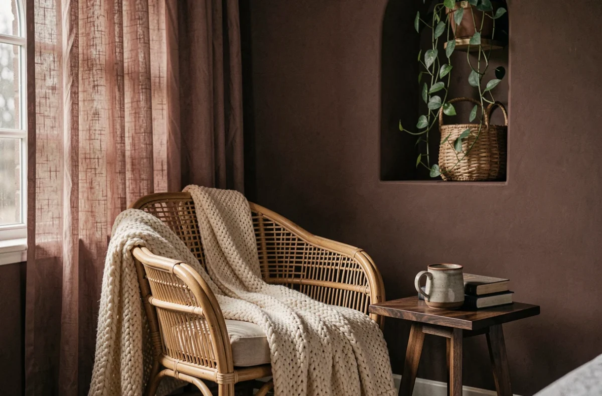 Coin lecture cosy avec fauteuil en rotin, jeté en tricot et mur en argile foncée pour une chambre décorée selon les tendances 2024