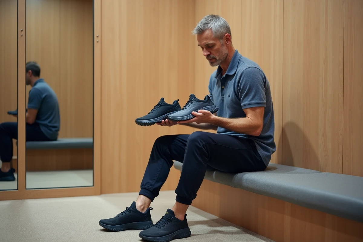 Homme comparant deux largeurs de chaussures Hoka sur un banc d'essayage en magasin de sport