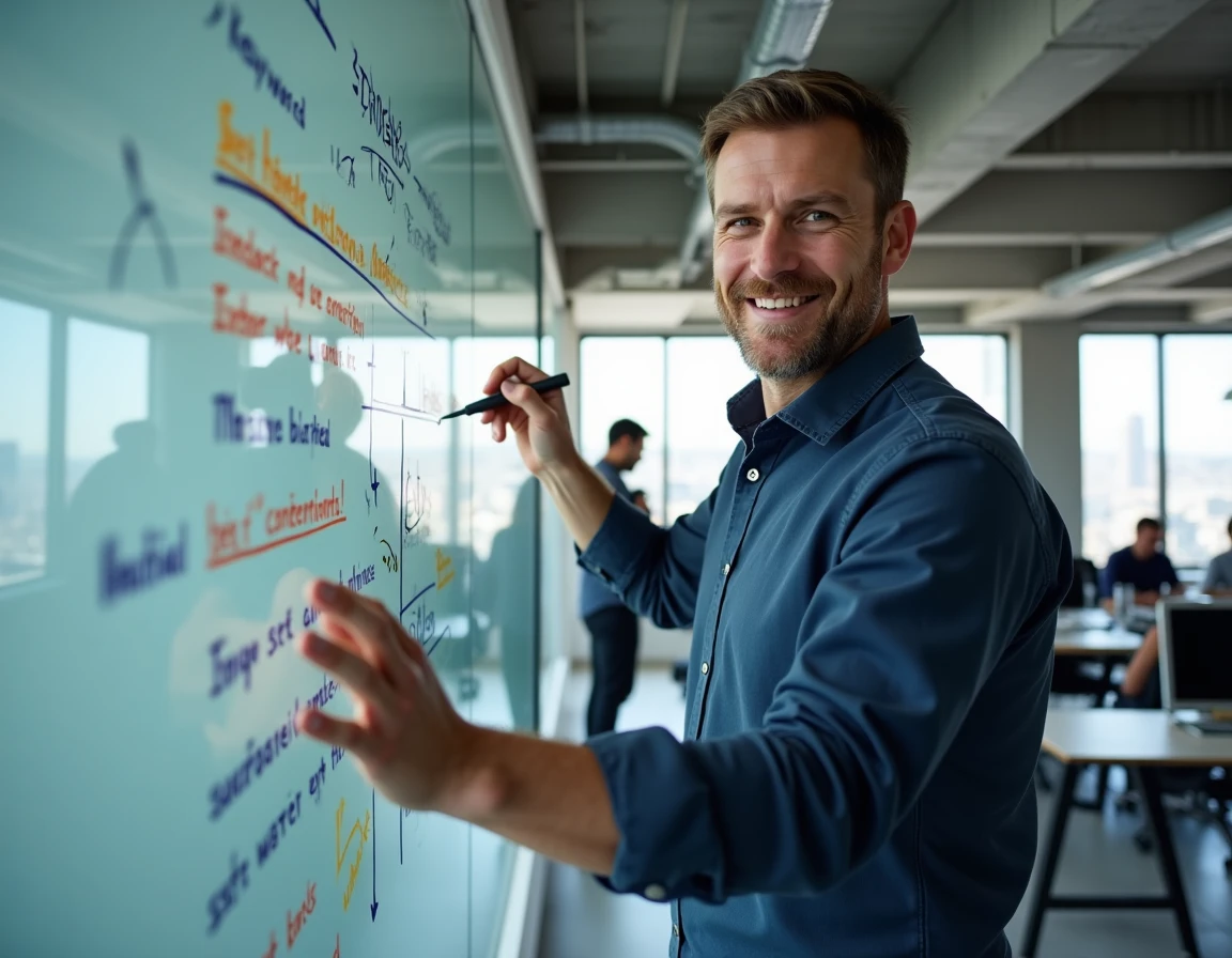 Consultant SEO masculin élaborant une stratégie de référencement naturel sur un tableau blanc dans un bureau moderne en open space