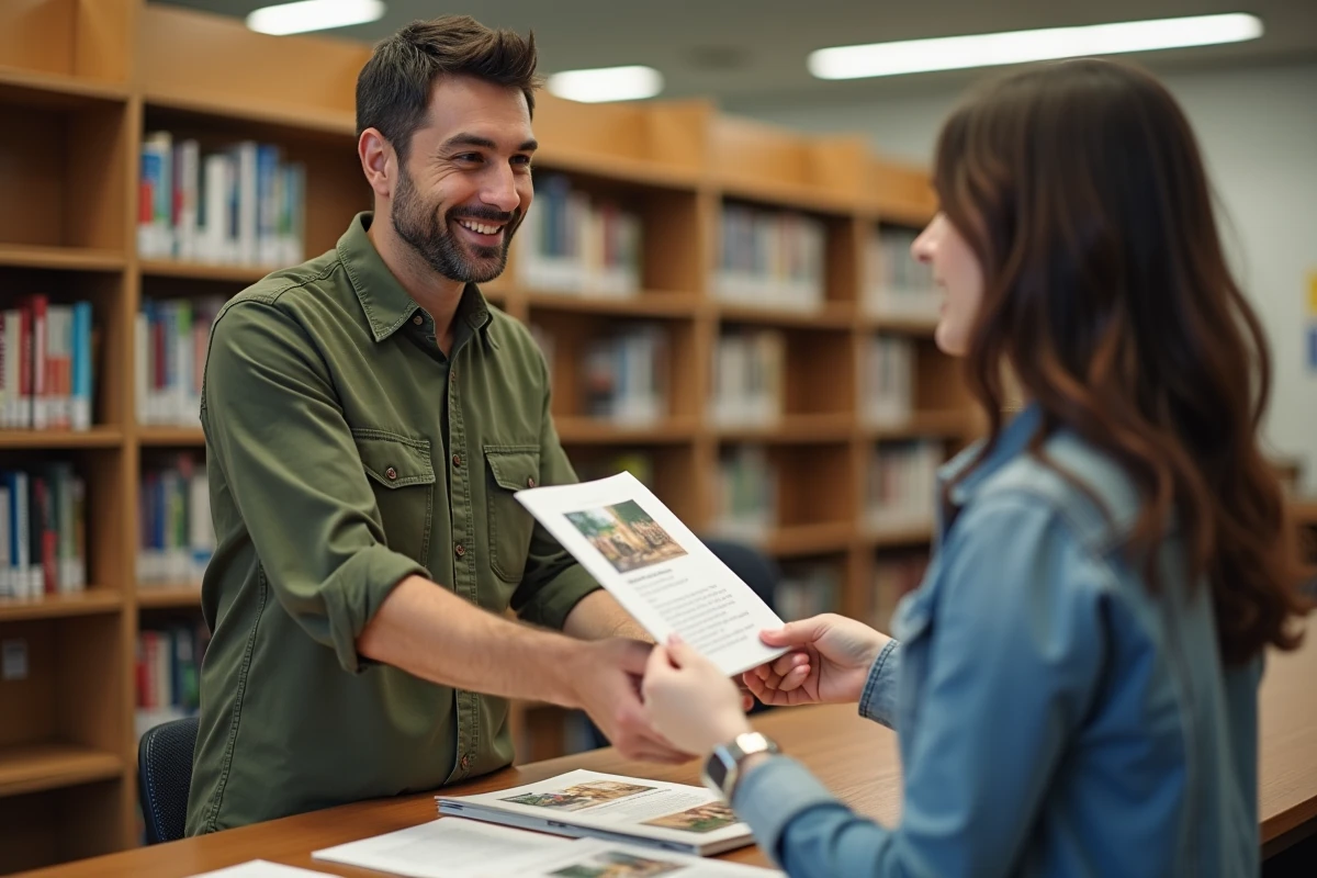Coordenador comunitário distribuindo recursos Blueprint For Safety em uma biblioteca pública