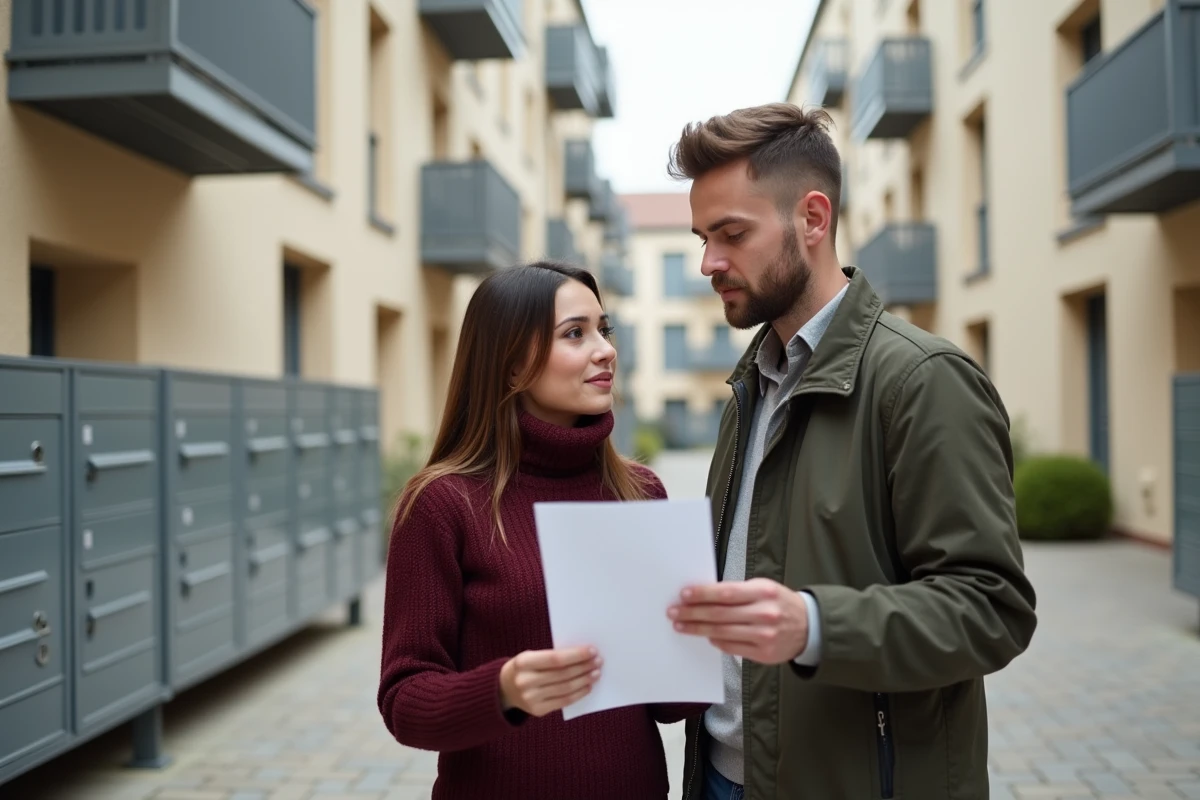 Couple de jeunes adultes consultant un avis favorable d'attribution de logement social devant un immeuble HLM