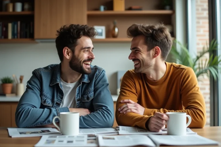 Jeune couple homme souriant dans une cuisine moderne