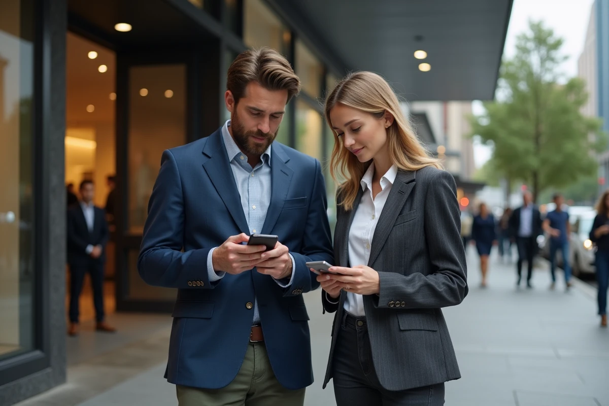 Couple en tenue casual devant une entrée de studio télé