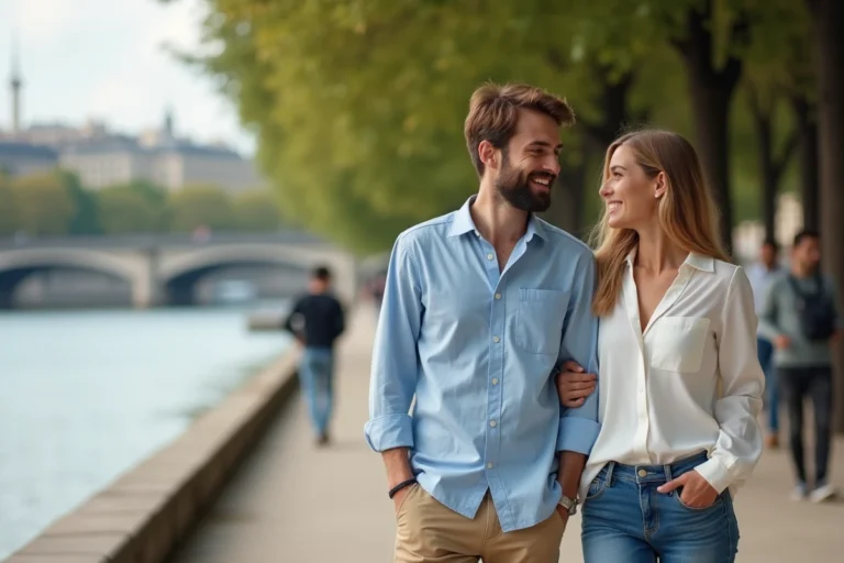 Jeune couple parisien marche au bord de la Seine