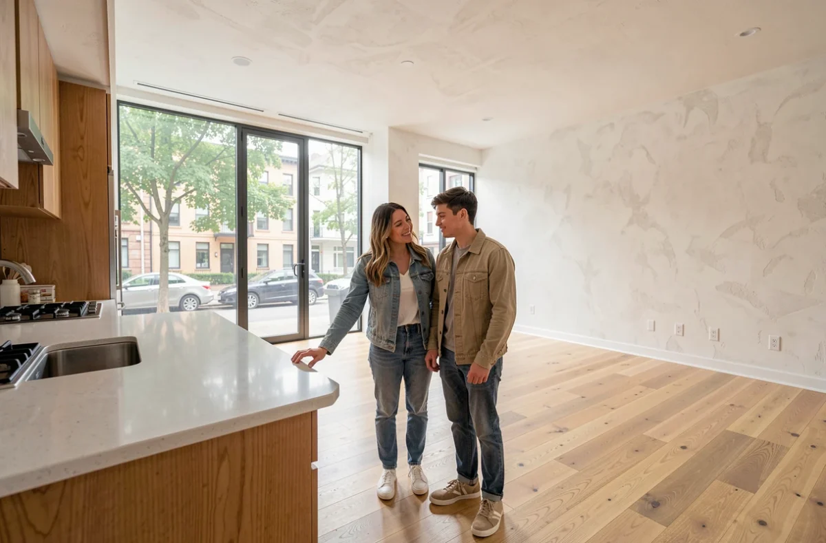 Jeune couple visitant un appartement vide lumineux lors d'une visite de location immobilière en ville