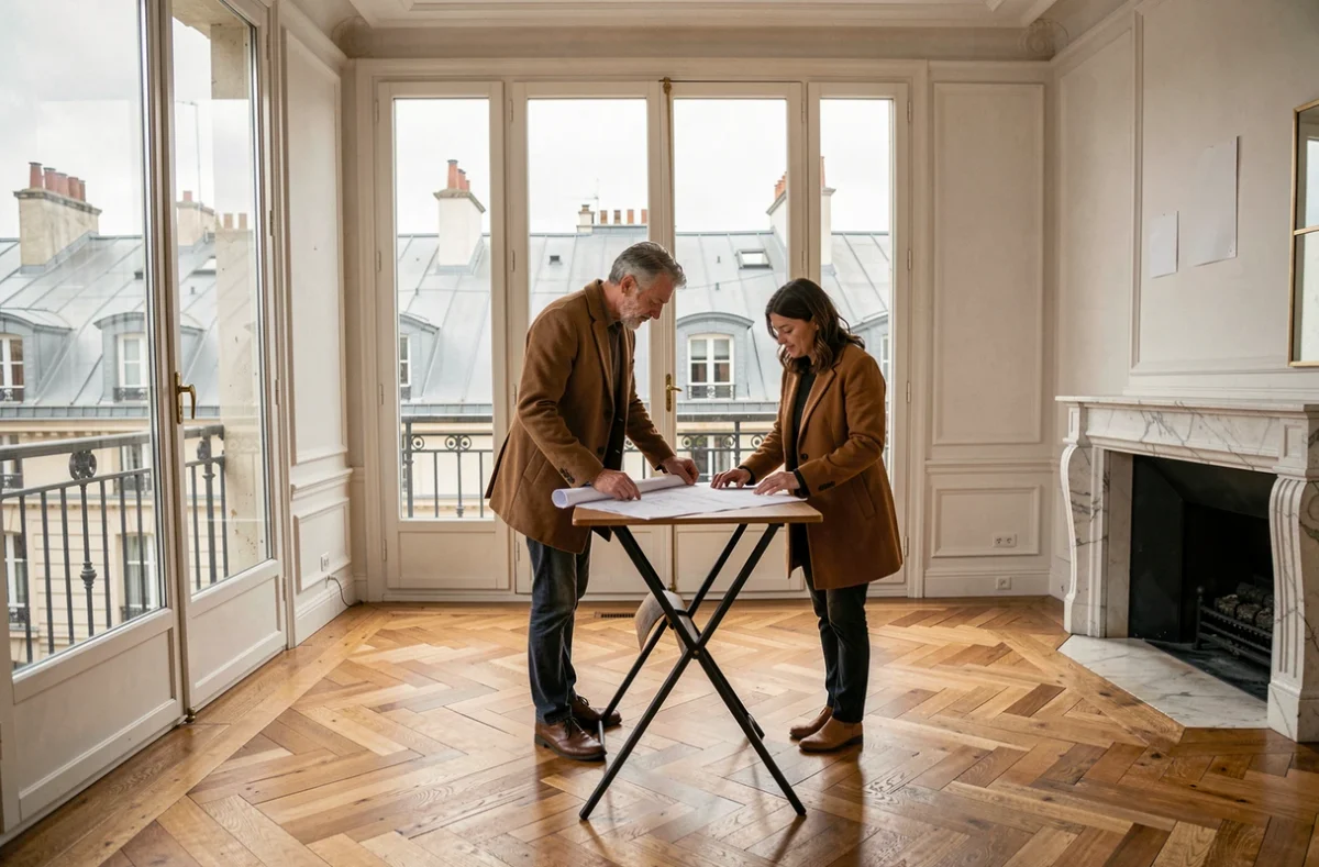 Couple visitant un appartement parisien haussmannien avec parquet en point de Hongrie et vue sur les toits, marché immobilier parisien