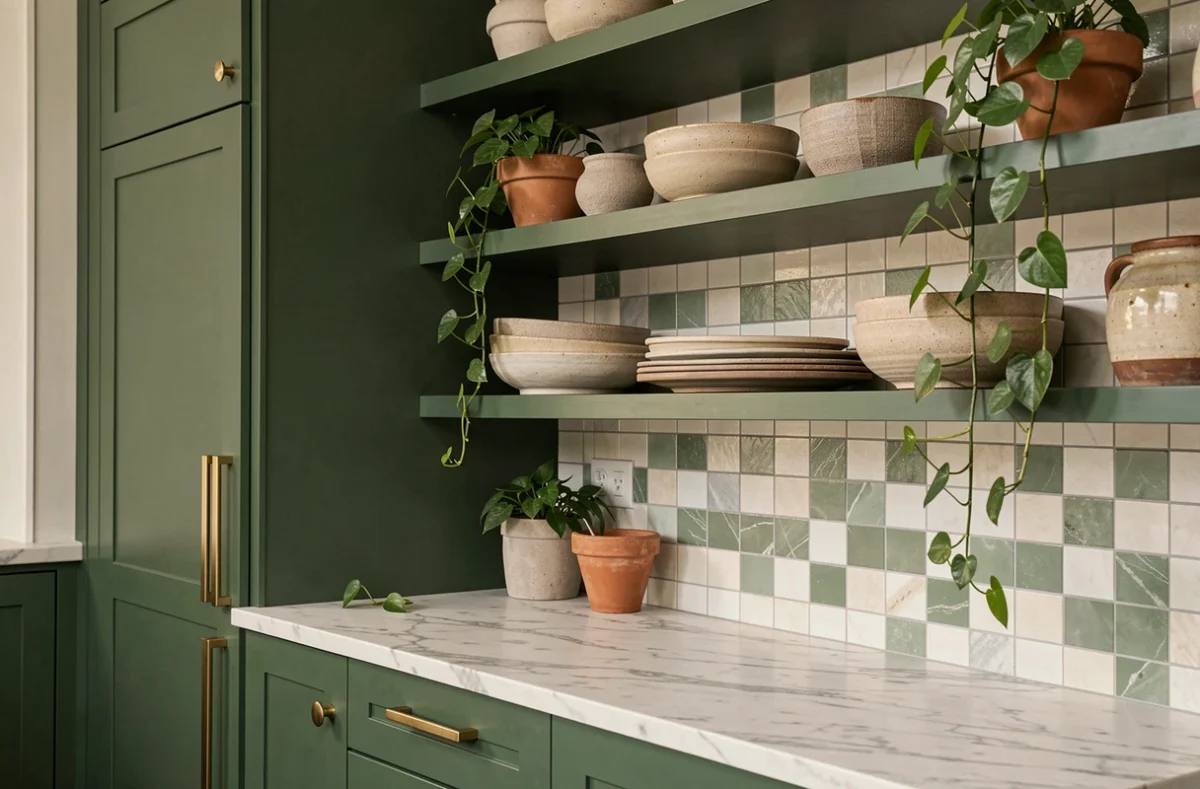 Cuisine contemporaine avec armoires vert forêt mat, quincaillerie en laiton brossé, carreaux zellige et poteries artisanales en tendance déco 2024