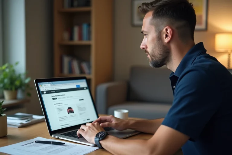 Homme effectuant une demande de carte grise en ligne sur son ordinateur portable depuis son bureau à domicile