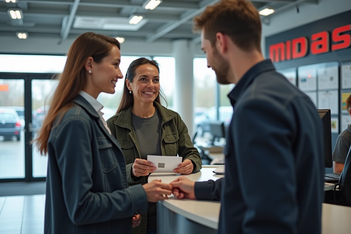 Couple remettant les documents pour une carte grise à un conseiller Midas dans un centre automobile