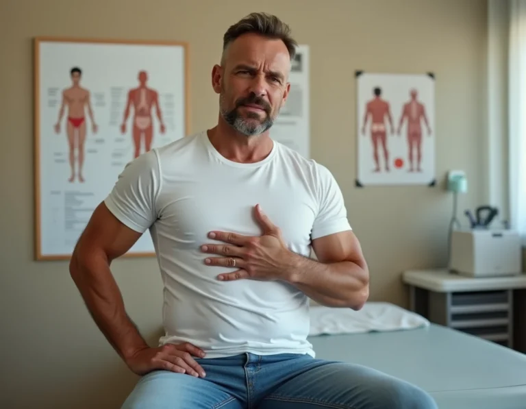 Homme d'une quarantaine d'années tenant sa cage thoracique inférieure lors d'une consultation médicale, illustrant la douleur liée au syndrome de la côte flottante