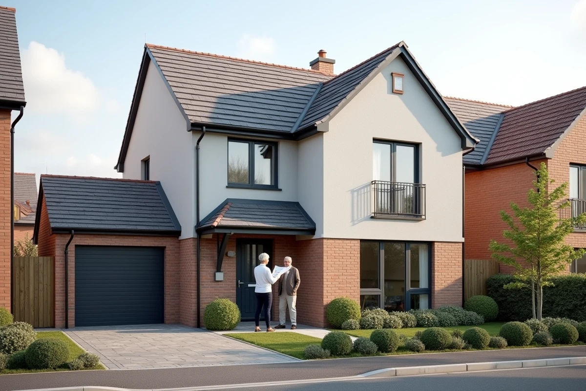 Façade extérieure d'une maison de type 5 avec double garage, jardin aménagé et couple de propriétaires