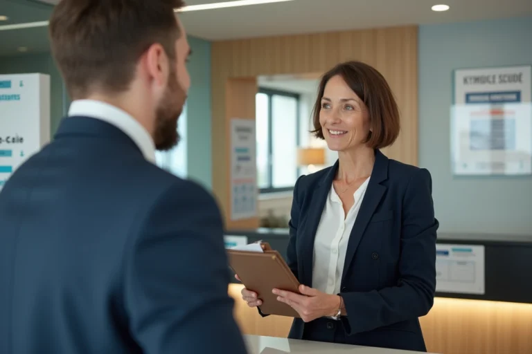 Femme française avec dossier dans bureau moderne en Normandie