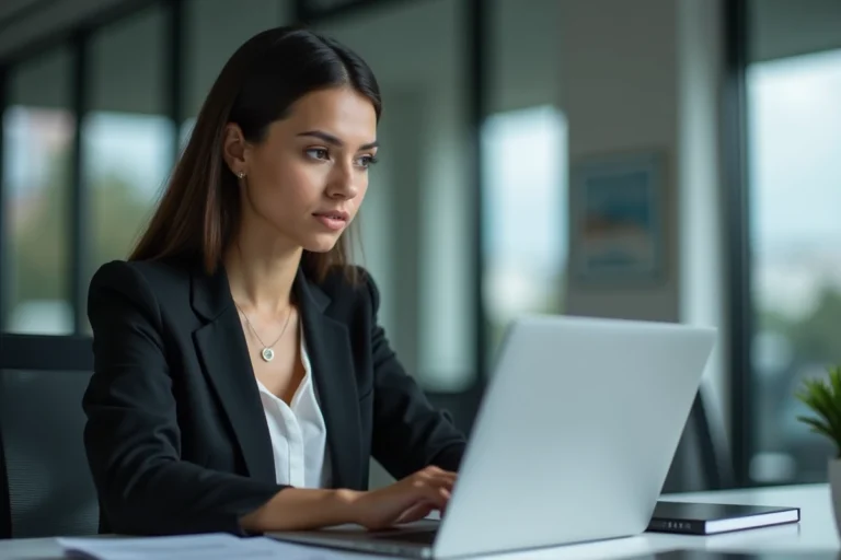 Jeune femme d'affaires examine des données numériques sur un ordinateur