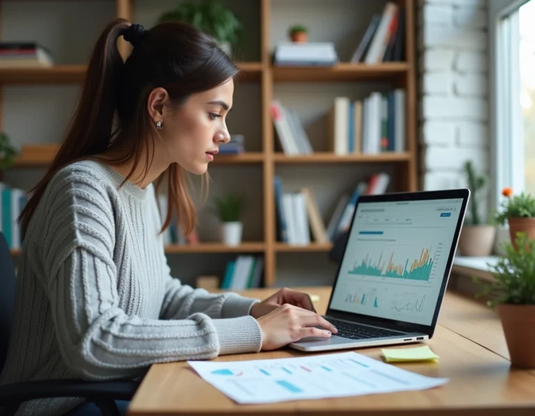 Femme experte en référencement naturel analysant des statistiques de trafic organique sur un ordinateur portable dans un bureau à domicile moderne
