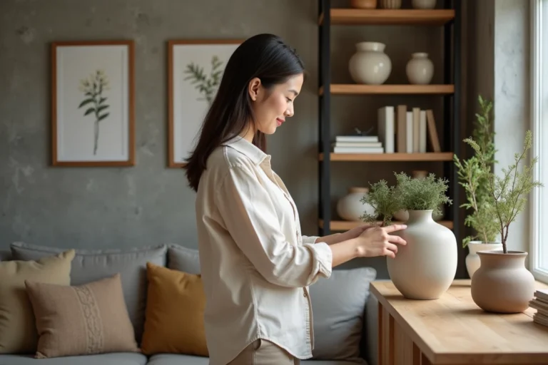 Jeune femme arrangeant des vases en céramique dans un salon