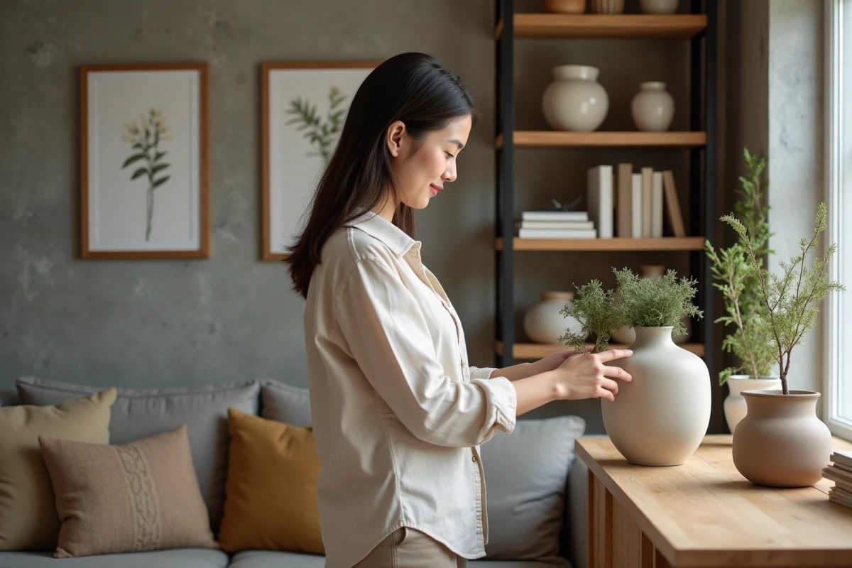 Jeune femme arrangeant des vases en céramique dans un salon