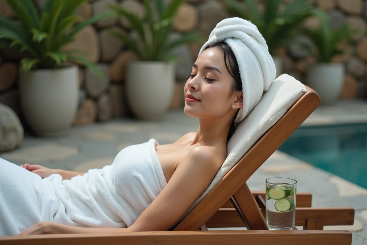 Femme détendue allongée sur un transat en teck dans un espace spa extérieur thermique, cheveux enveloppés dans une serviette après les soins