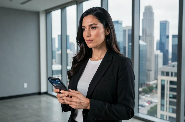 Femme influente en blazer noir tenant un smartphone devant une fenêtre panoramique urbaine, illustrant l'impact des prises de position publiques sur les réseaux sociaux