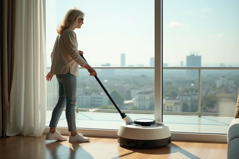 Femme utilisant un robot de nettoyage de fenêtres dans un appartement lumineux