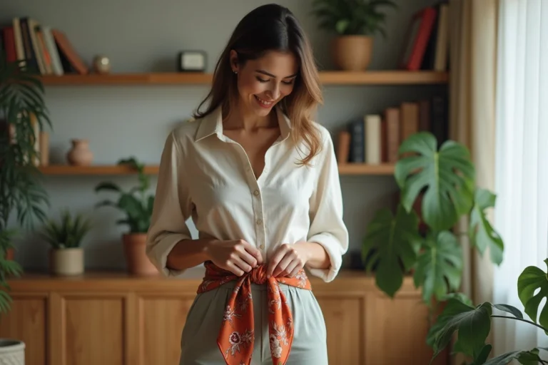 Femme en pantalon paperbag avec foulard coloré en ceinture