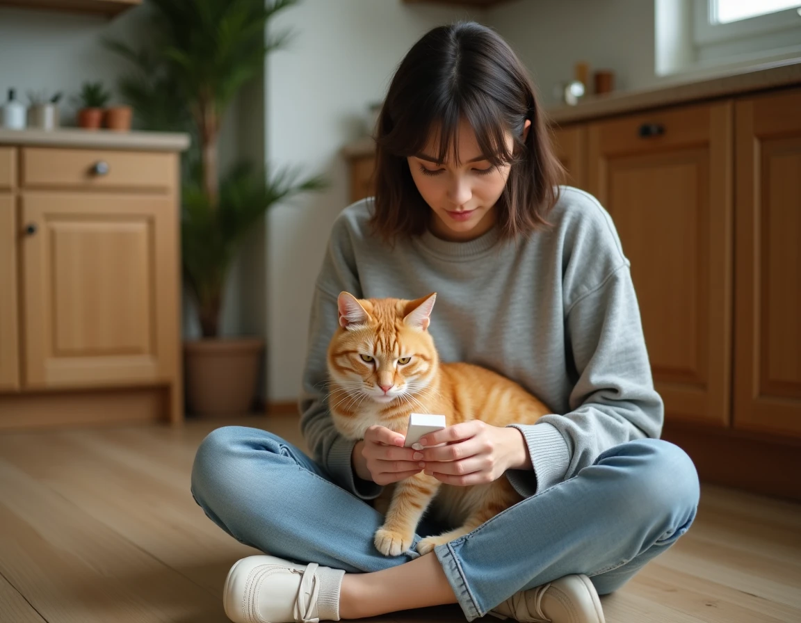Femme lisant la notice d'une pilule contraceptive pour chat dans sa cuisine