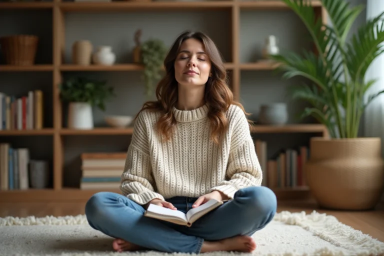 Femme assise sur un tapis dans un salon calme et chaleureux