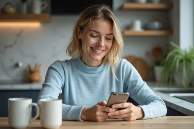 Femme détendue dans une cuisine moderne avec smartphone
