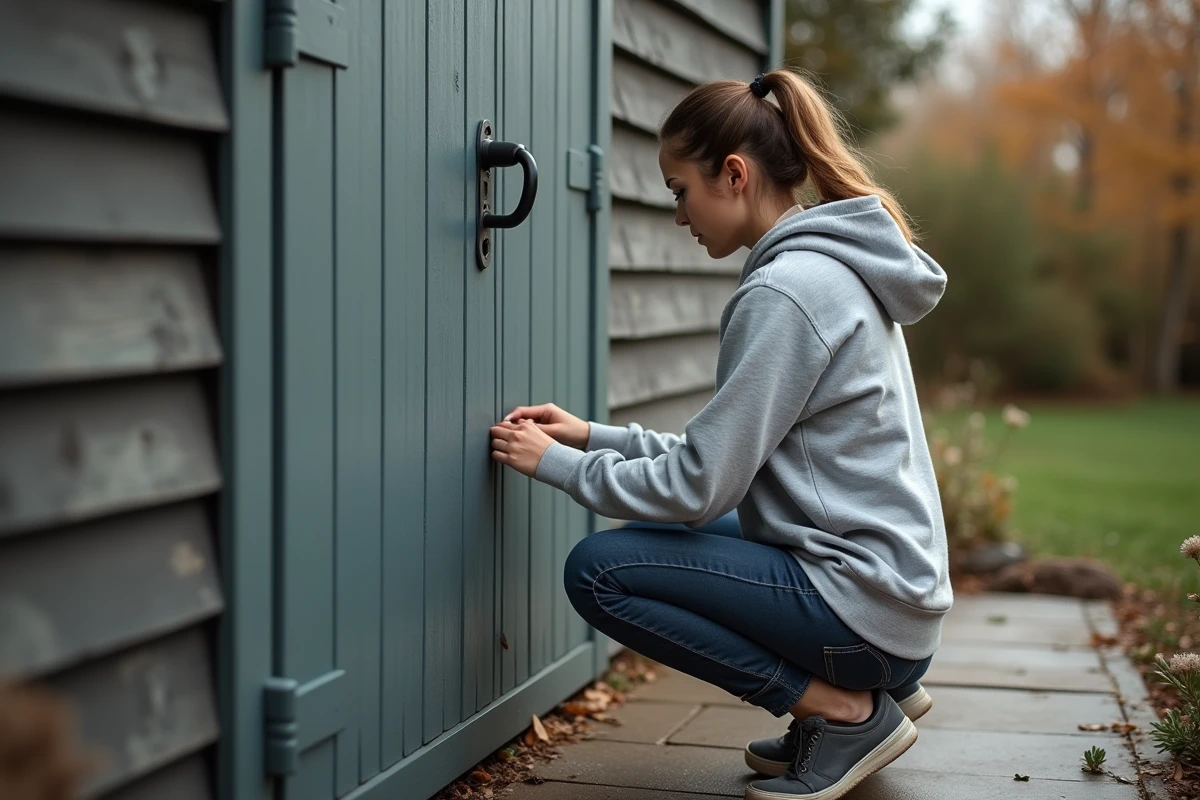 Jeune femme en extérieur fixant un cadenas sur une porte de cabanon