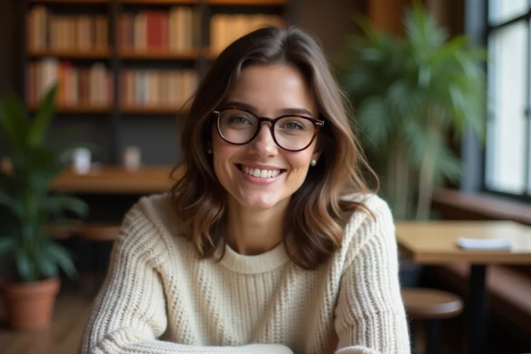 Femme élégante avec lunettes dans un café chaleureux