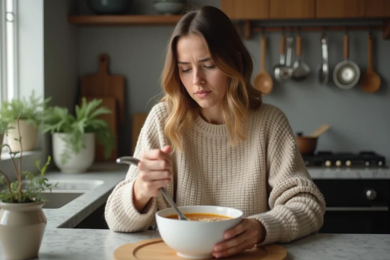 Femme en cuisine regardant une soupe dans un bol