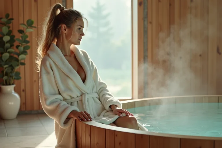 Femme en robe de bain blanche assise au bord d'un bain chaud dans un spa scandinave, ambiance sereine et vapeur douce