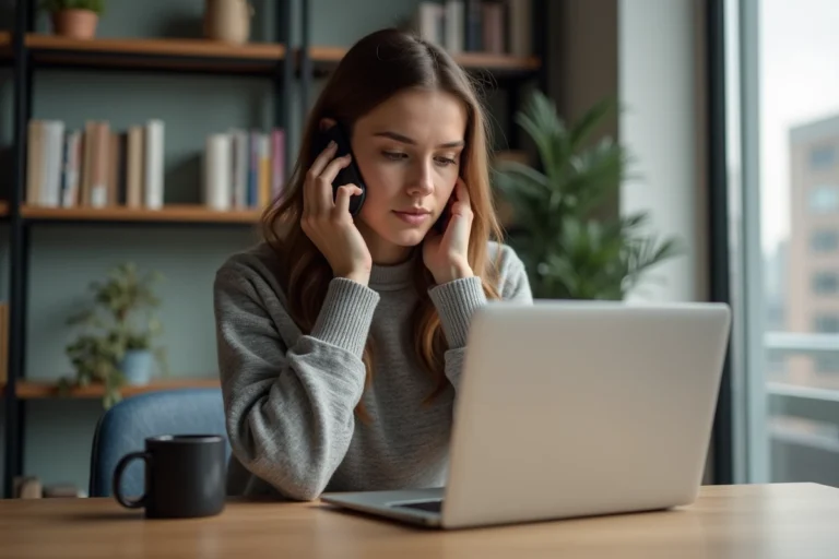 Femme concentrée travaillant sur son ordinateur à la maison