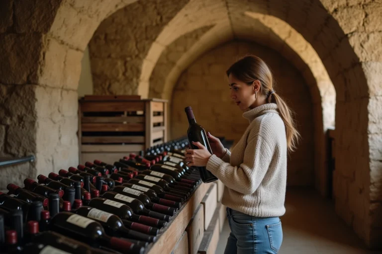 Femme examinant des bouteilles de vin dans une cave rustique