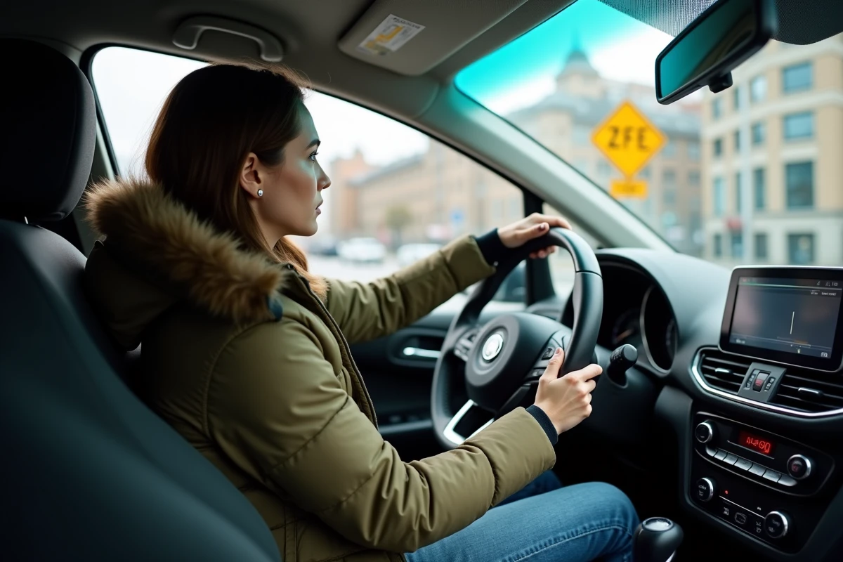 Jeune femme dans sa voiture avec panneau ZFE