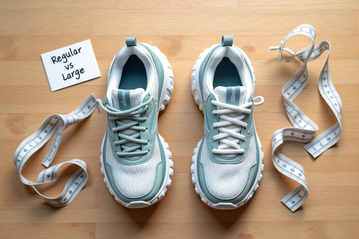 Comparaison côte à côte de chaussures Hoka en largeur regular et large sur fond bois en vue du dessus