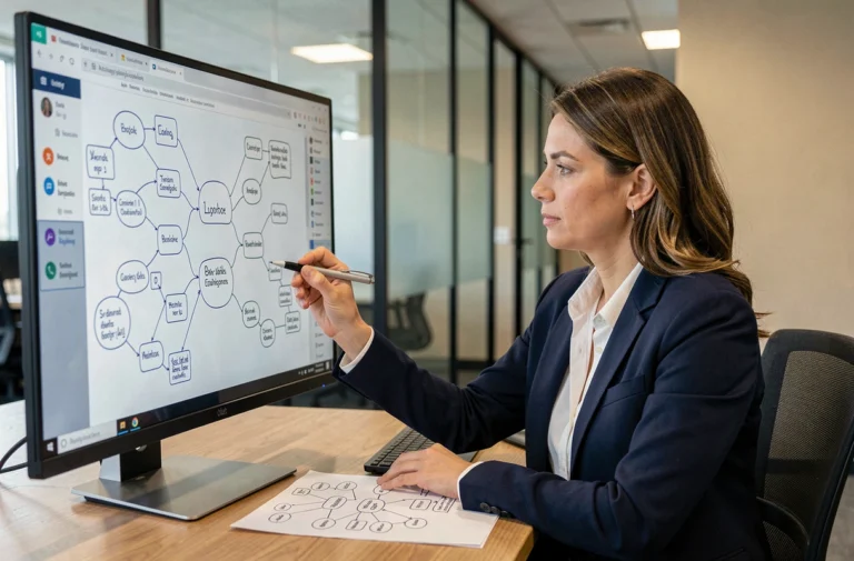 Professionnelle en formation MindManager devant un écran affichant une carte mentale complexe dans un bureau moderne